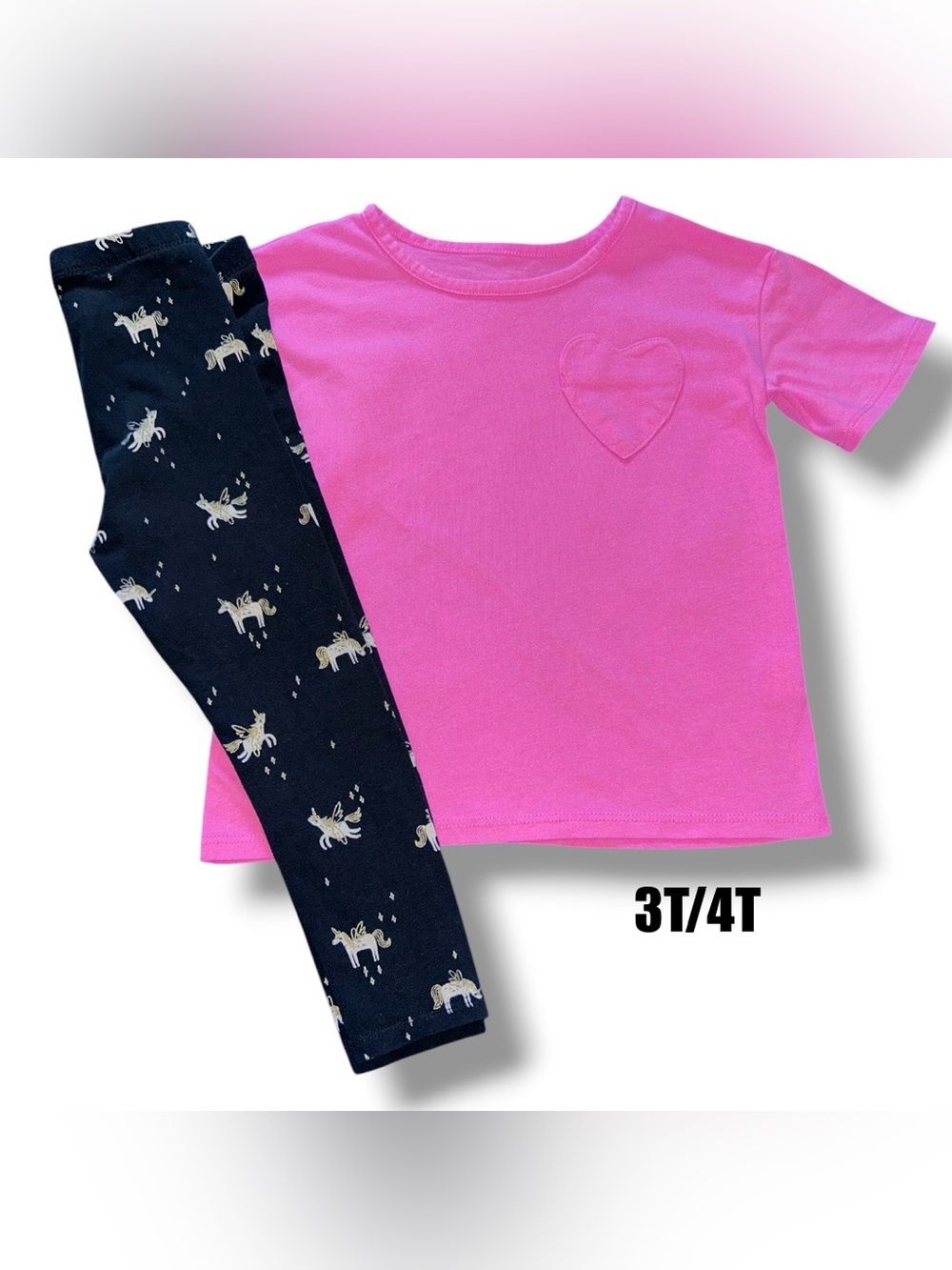 Girls Bright Pink Short Sleeve Tee with Heart Detail & Unicorn Leggings